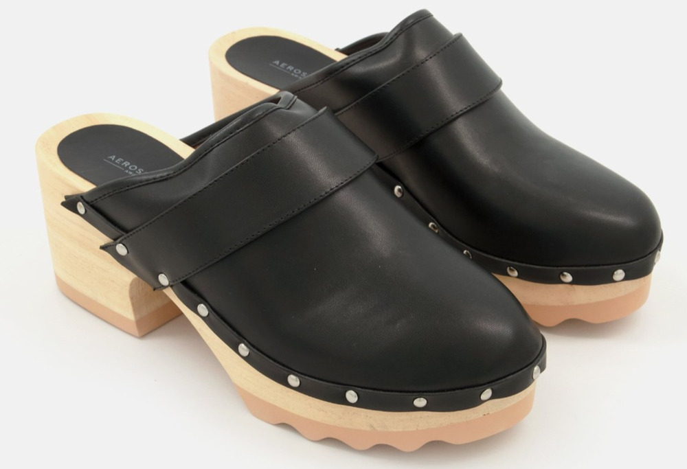 Aerosoles Pedro women's Platform Clog 8 M Stud Wooden Heel Black vegan Leather